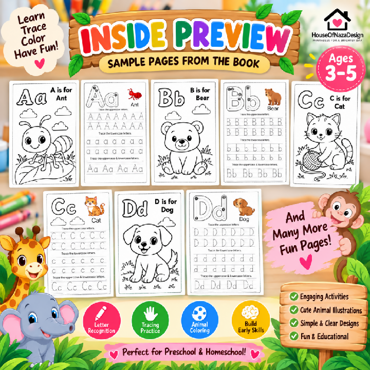 ABC Animals Tracing Worksheets - Ages 3-5