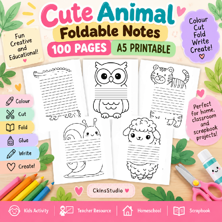 Cute Animal Foldable Notes 100 Pages A5 Kids Paper Craft Printable Scrapbook Activity