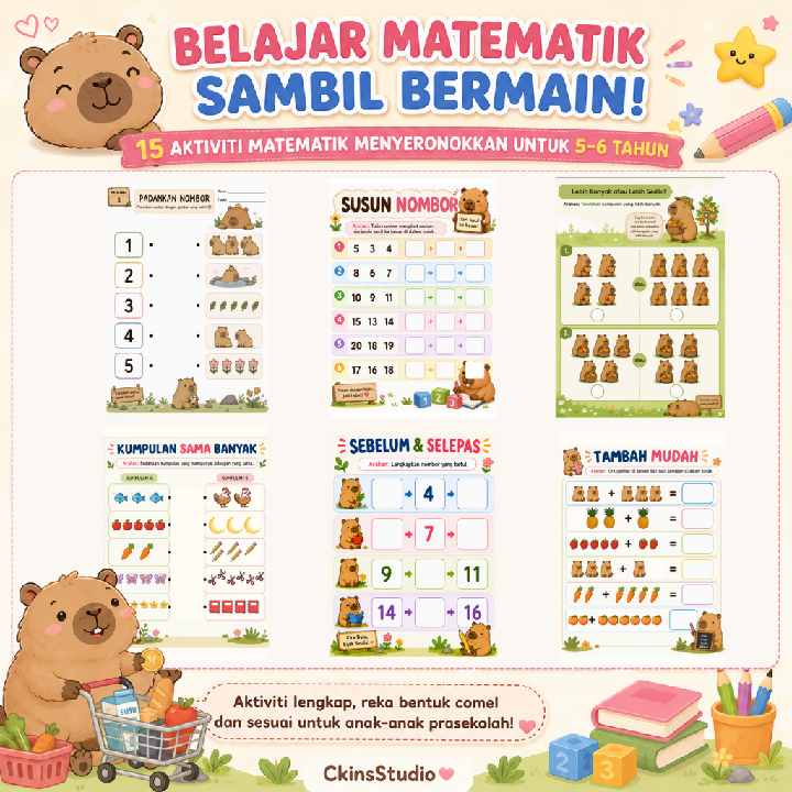 Capybara Math Pengembaraan Aktiviti Matematik Prasekolah 5-6 Tahun Printable Worksheet