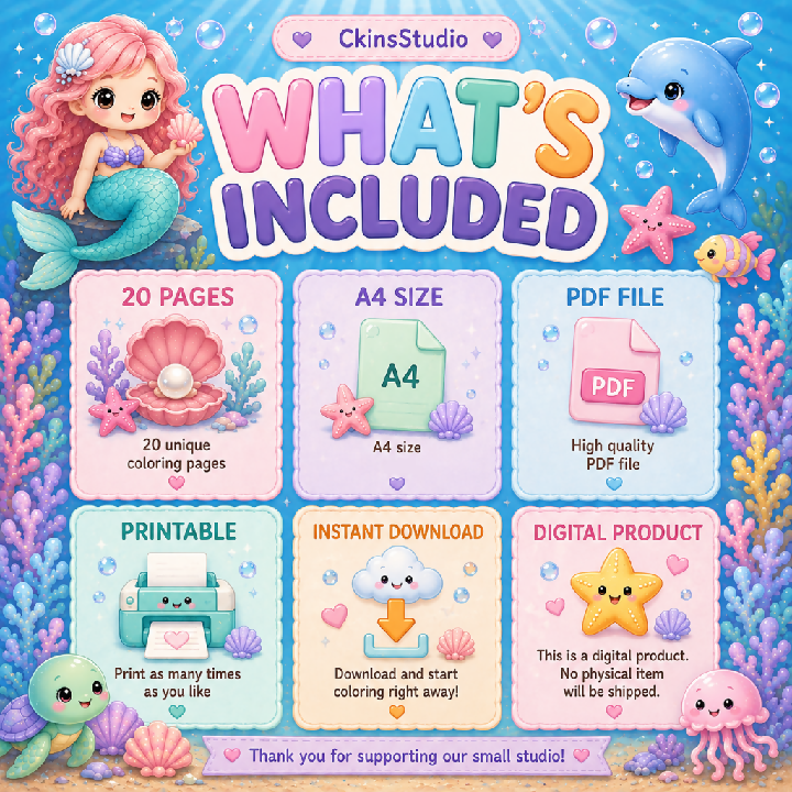 Kawaii Mermaid Colouring Pages for Kids – 20 Printable A4 Pages PDF