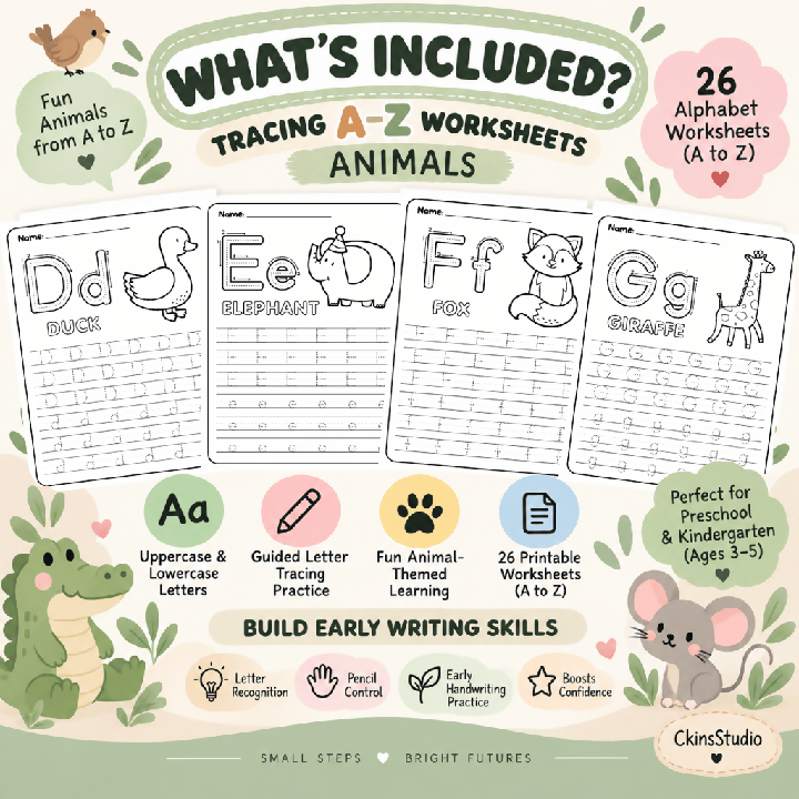 Worksheet Tracing Huruf A–Z Tema Haiwan Latihan Menulis Huruf Besar dan Kecil Aktiviti Prasekolah Printable PDF
