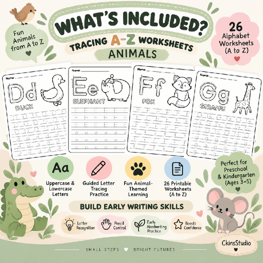 Worksheet Tracing Huruf A–Z Tema Haiwan Latihan Menulis Huruf Besar dan Kecil Aktiviti Prasekolah Printable PDF