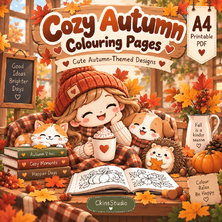Cosy Fall Cafe Autumn Colouring Pages A4 Printable PDF Cute Animal Colouring Book