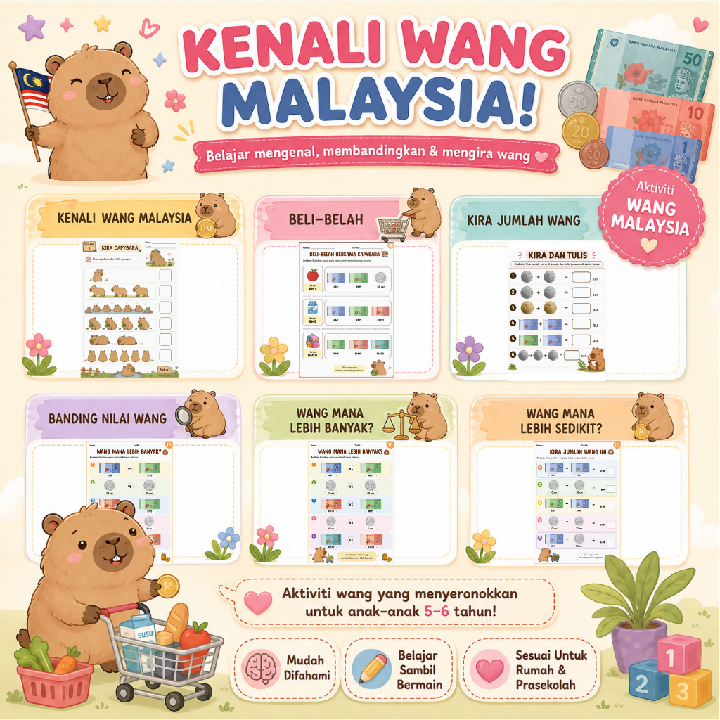 Capybara Math Pengembaraan Aktiviti Matematik Prasekolah 5-6 Tahun Printable Worksheet