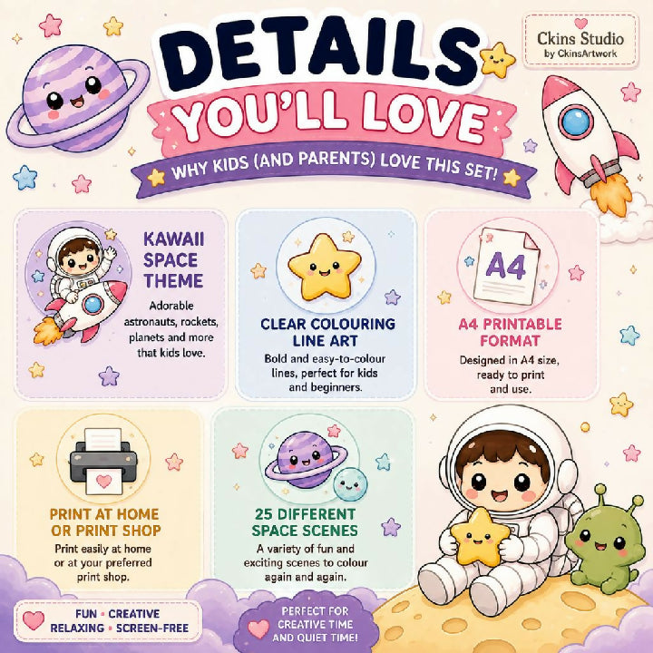 Kawaii Astronaut Colouring Pages – 25 A4 Printable Pages for Kids