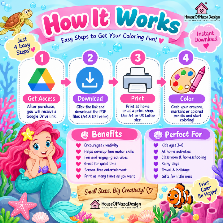Magical Mermaid Adventures Coloring Book - Ages 3-8