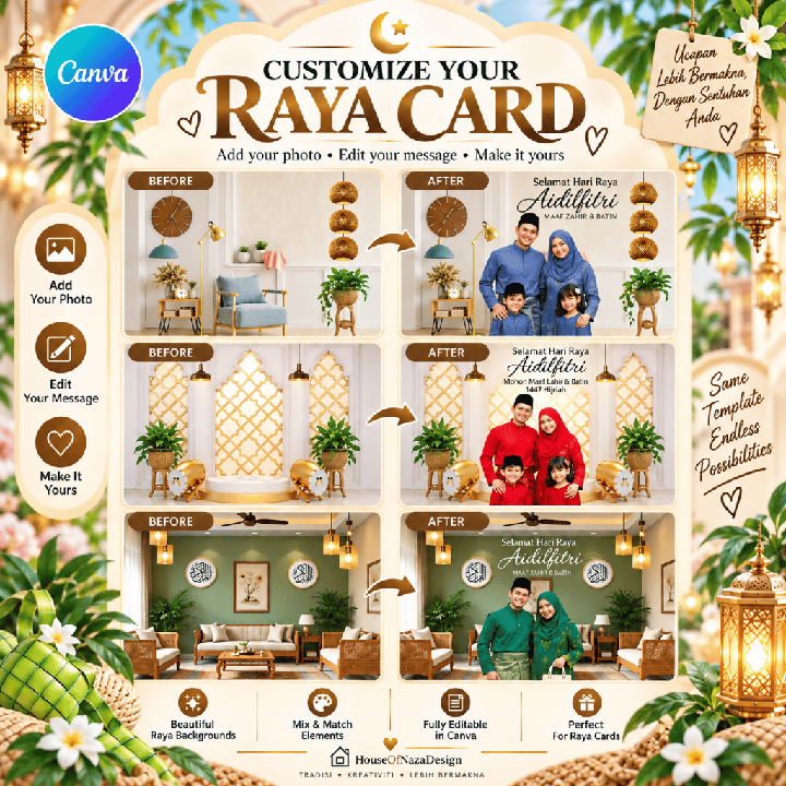 90 Editable Raya Card Canva Templates - Kad Ucapan Aidilfitri Digital