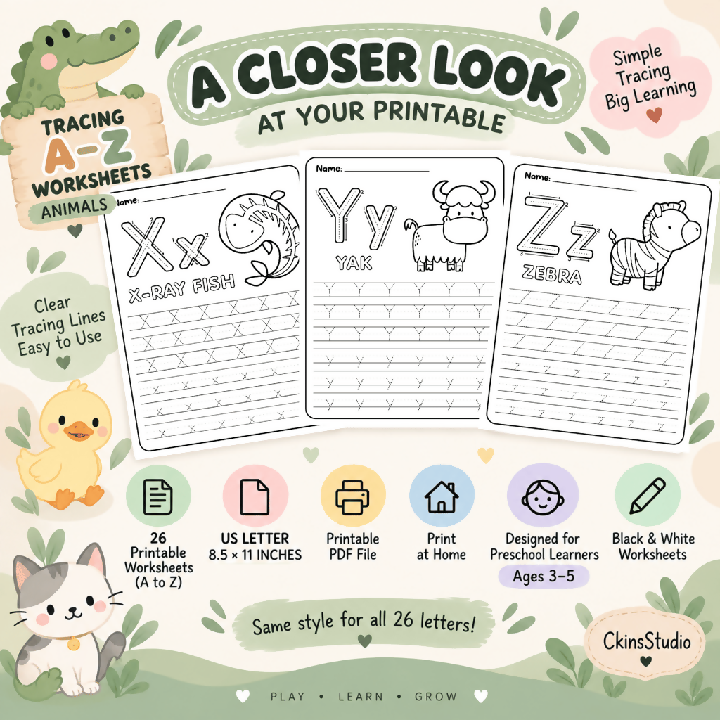 Worksheet Tracing Huruf A–Z Tema Haiwan Latihan Menulis Huruf Besar dan Kecil Aktiviti Prasekolah Printable PDF