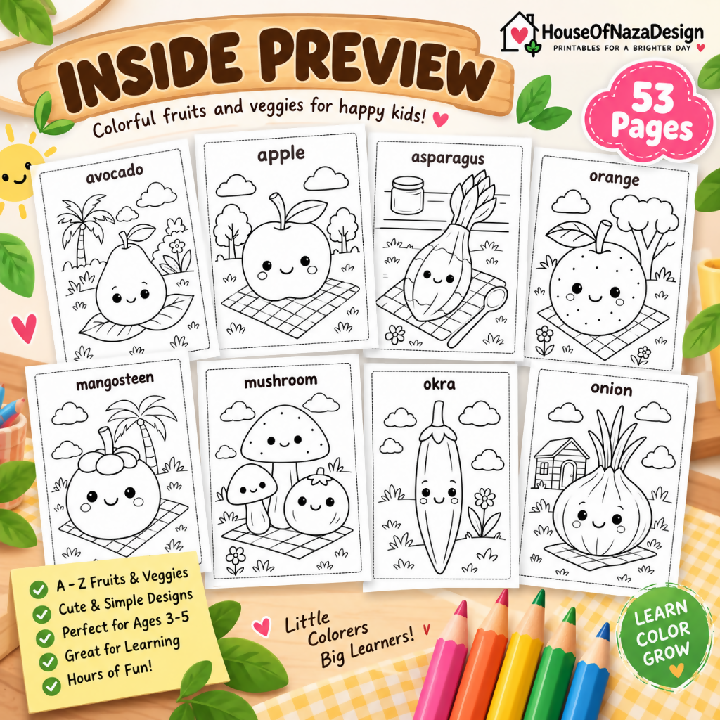 Fun Fruits and Veggies Coloring Book - Ages 3-5