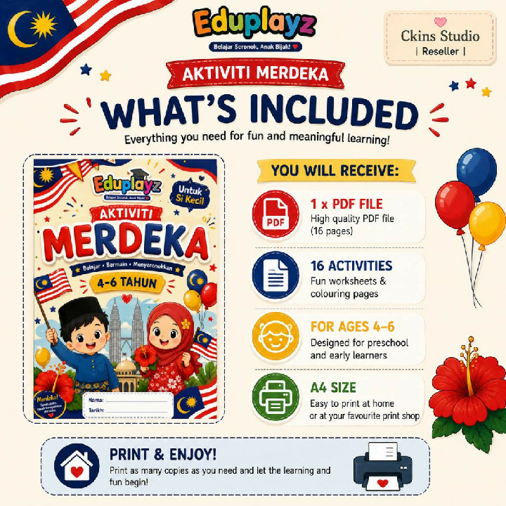 Eduplayz Aktiviti Merdeka Busy Book – 16-Page A4 Printable Activities for Ages 4–6