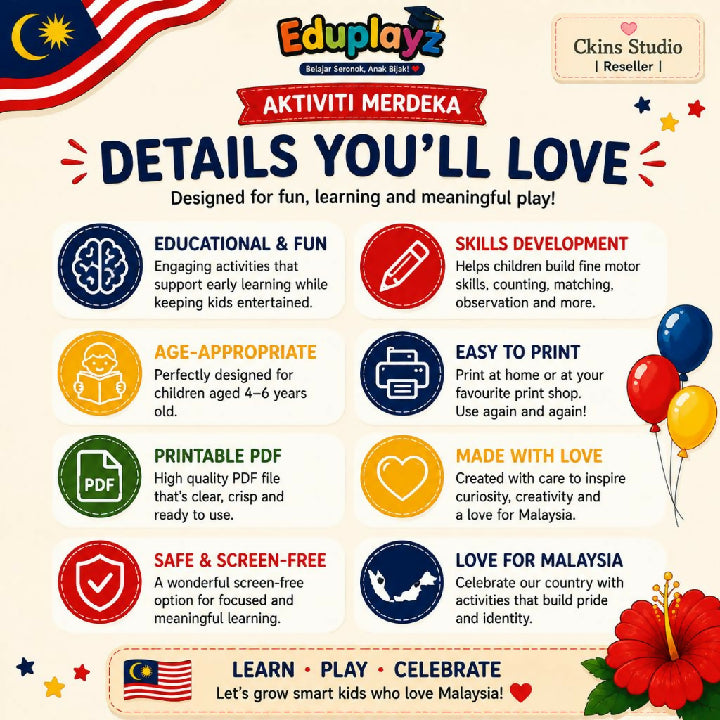 Eduplayz Aktiviti Merdeka Busy Book – 16-Page A4 Printable Activities for Ages 4–6