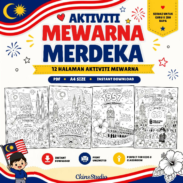 Aktiviti Mewarna Merdeka 12 Halaman PDF Boleh Dicetak Tema Malaysia untuk Kanak Kanak