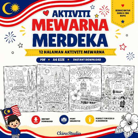 Aktiviti Mewarna Merdeka 12 Halaman PDF Boleh Dicetak Tema Malaysia untuk Kanak Kanak