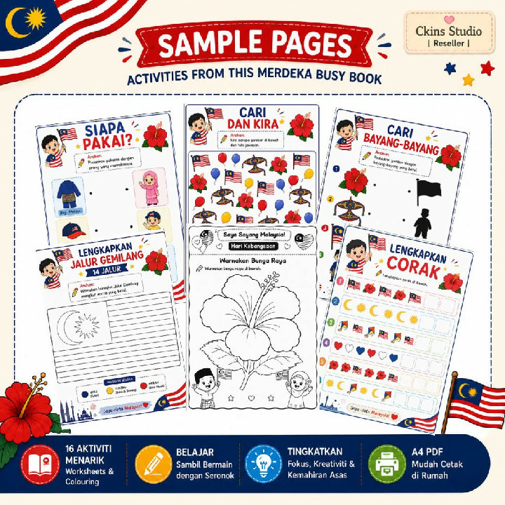 Eduplayz Aktiviti Merdeka Busy Book – 16-Page A4 Printable Activities for Ages 4–6