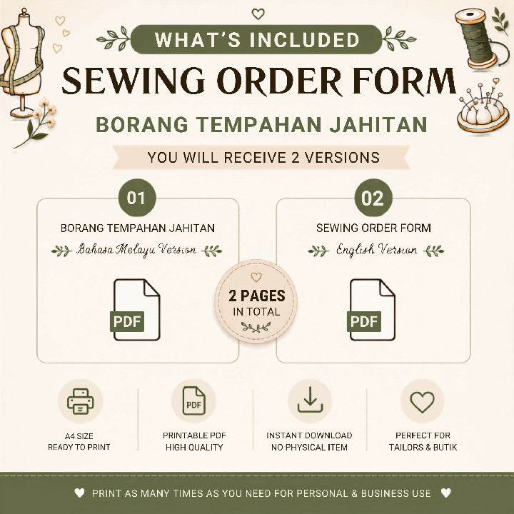 Borang Tempahan Jahitan Sewing Order Form Printable PDF for Tailor and Butik