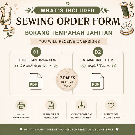 Borang Tempahan Jahitan Sewing Order Form Printable PDF for Tailor and Boutique