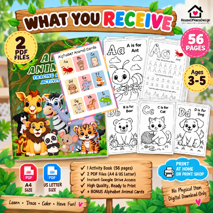 ABC Animals Tracing Worksheets - Ages 3-5