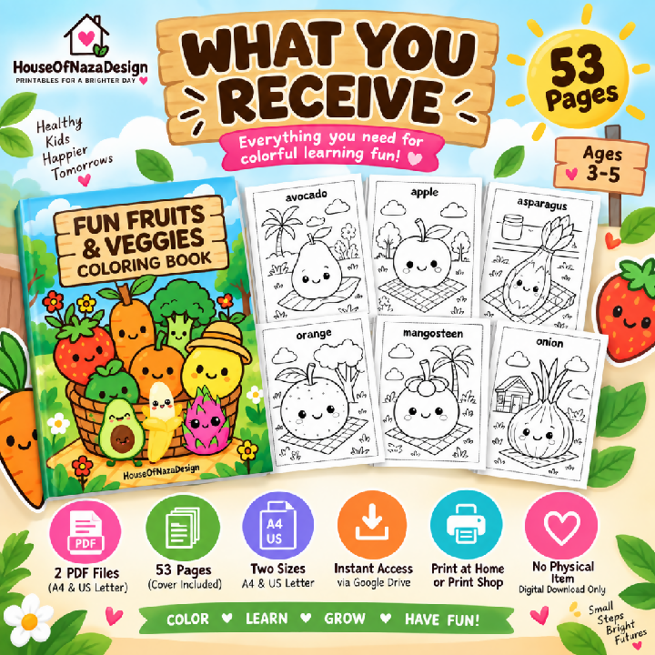 Fun Fruits and Veggies Coloring Book - Ages 3-5
