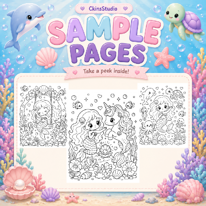Kawaii Mermaid Colouring Pages for Kids – 20 Printable A4 Pages PDF