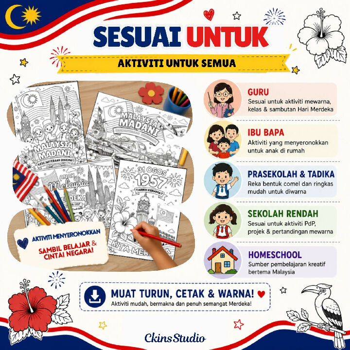 Aktiviti Mewarna Merdeka 12 Halaman PDF Boleh Dicetak Tema Malaysia untuk Kanak Kanak
