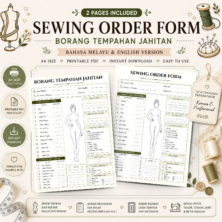 Borang Tempahan Jahitan Sewing Order Form Printable PDF for Tailor and Butik