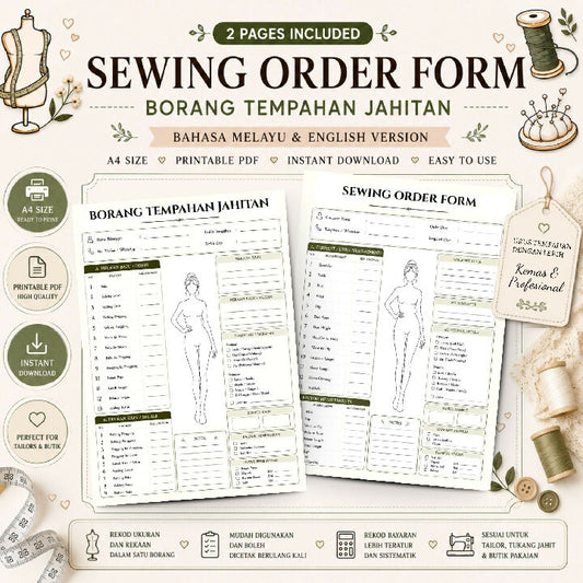 Borang Tempahan Jahitan Sewing Order Form Printable PDF for Tailor and Boutique