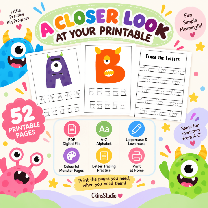 Worksheet Tracing Huruf A–Z Monster Latihan Huruf Besar dan Kecil 52 Pages Printable PDF