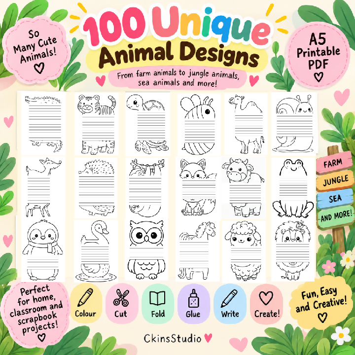 Cute Animal Foldable Notes 100 Pages A5 Kids Paper Craft Printable Scrapbook Activity