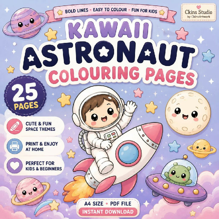 Kawaii Astronaut Colouring Pages – 25 A4 Printable Pages for Kids