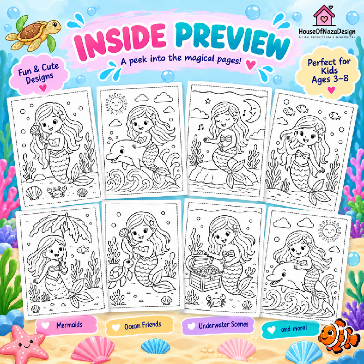 Magical Mermaid Adventures Coloring Book - Ages 3-8