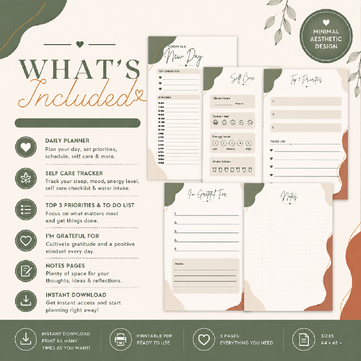 Minimalist Printable Productivity Daily planner