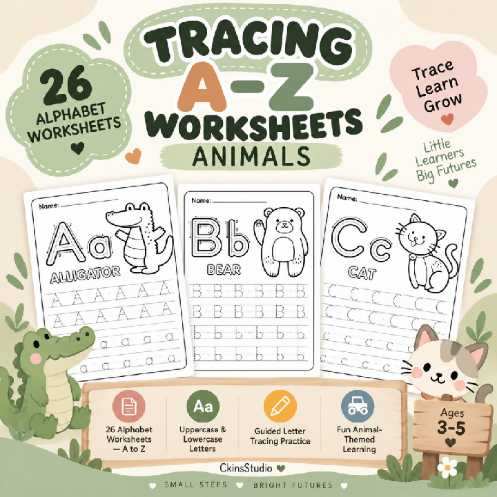 Worksheet Tracing Huruf A–Z Tema Haiwan Latihan Menulis Huruf Besar dan Kecil Aktiviti Prasekolah Printable PDF