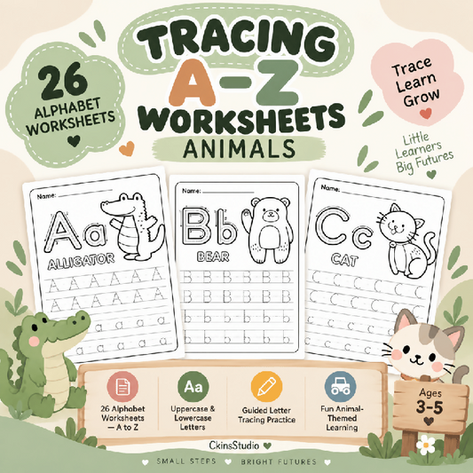 Worksheet Tracing Huruf A–Z Tema Haiwan Latihan Menulis Huruf Besar dan Kecil Aktiviti Prasekolah Printable PDF