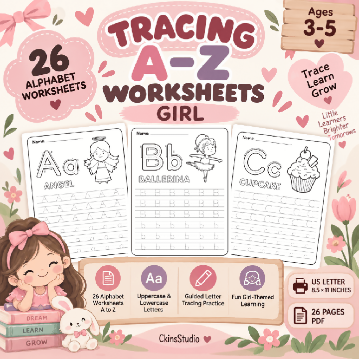 Worksheet Tracing Huruf A–Z Girl Theme Latihan Menulis Huruf Besar dan Kecil Aktiviti Prasekolah Printable PDF
