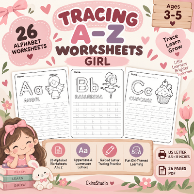 Worksheet Tracing Huruf A–Z Girl Theme Latihan Menulis Huruf Besar dan Kecil Aktiviti Prasekolah Printable PDF