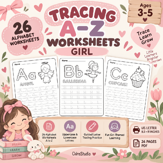 Worksheet Tracing Huruf A–Z Girl Theme Latihan Menulis Huruf Besar dan Kecil Aktiviti Prasekolah Printable PDF