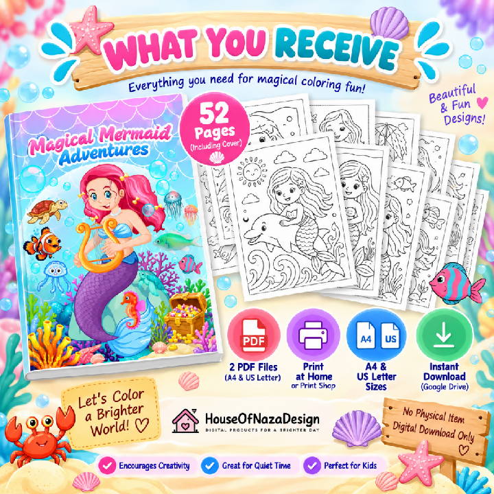 Magical Mermaid Adventures Coloring Book - Ages 3-8