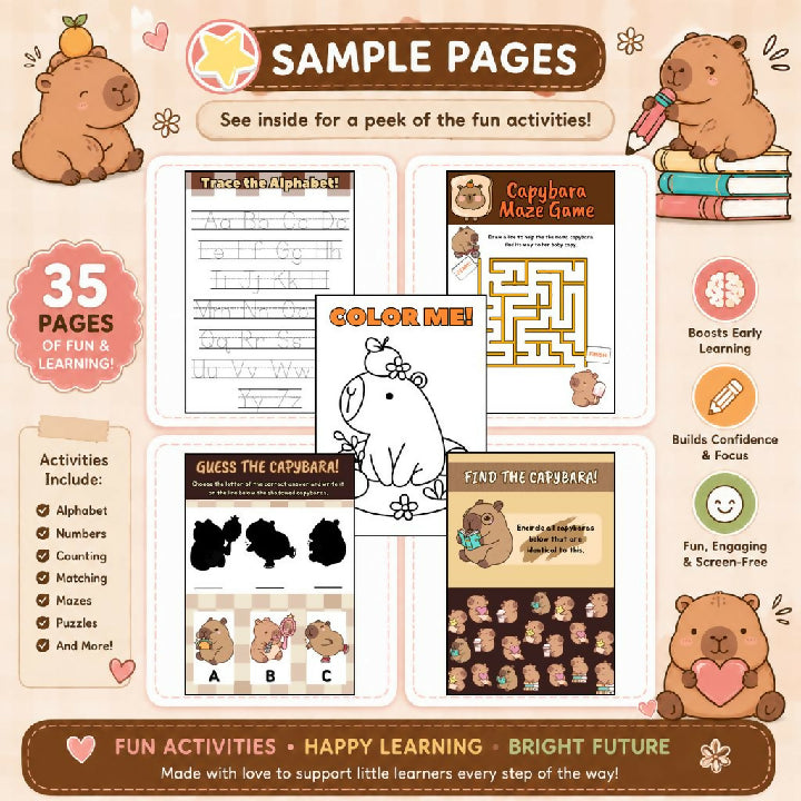 Capybara Busy Book 35 Pages Printable Kids Activity Book PDF
