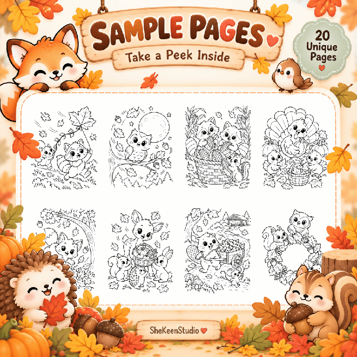Cosy Fall Woodland Animals Thanksgiving Colouring Book 20 Pages