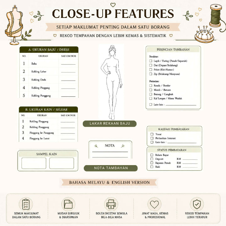 Borang Tempahan Jahitan Sewing Order Form Printable PDF for Tailor and Butik