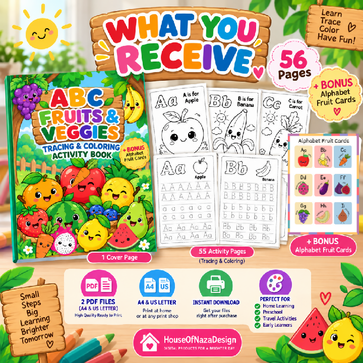 ABC Fruits and Veggies Tracing Worksheets - Ages 3-5