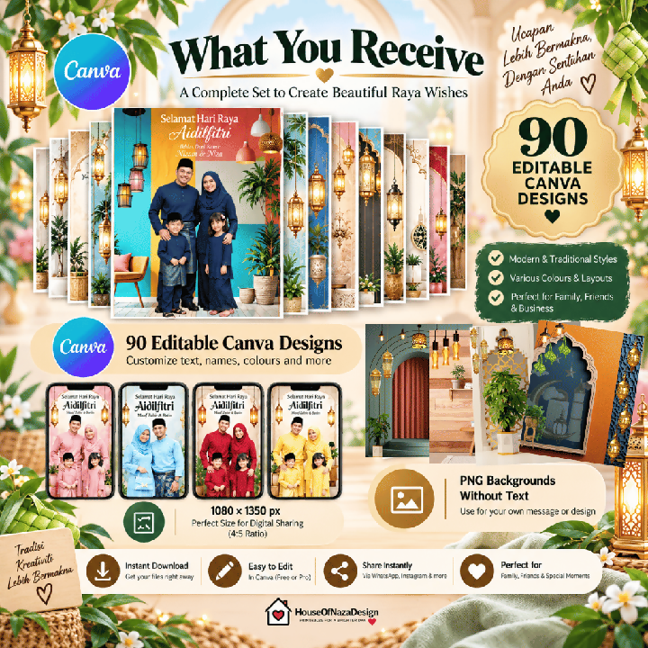 90 Editable Raya Card Canva Templates - Kad Ucapan Aidilfitri Digital