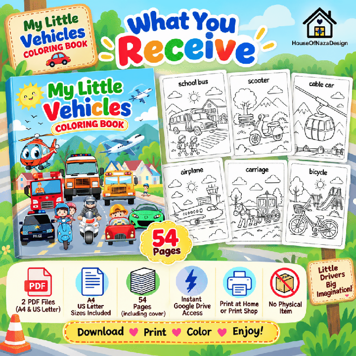 My Little Vehicles Coloring Book for Kids Ages 3–8