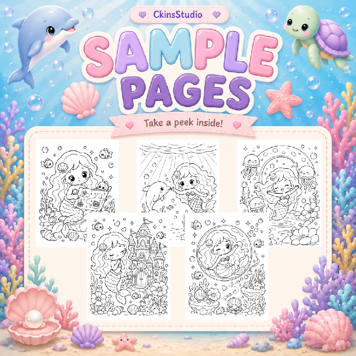 Kawaii Mermaid Colouring Pages for Kids – 20 Printable A4 Pages PDF