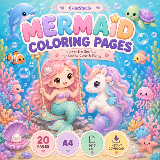 Kawaii Mermaid Colouring Pages for Kids – 20 Printable A4 Pages PDF