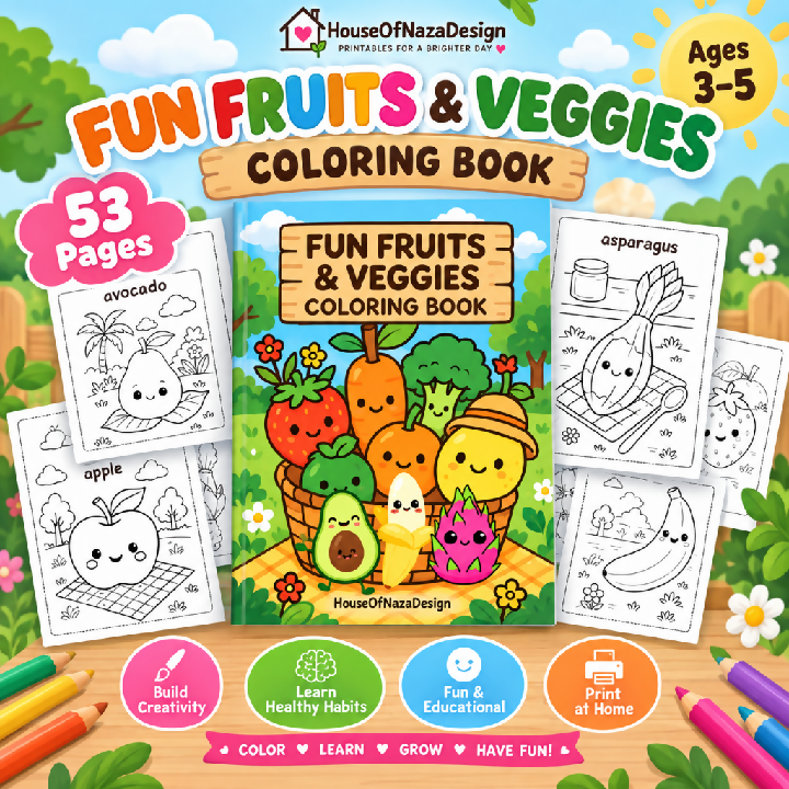 Fun Fruits and Veggies Coloring Book - Ages 3-5