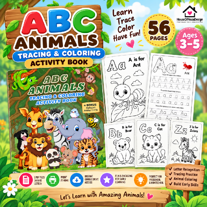 ABC Animals Tracing Worksheets - Ages 3-5